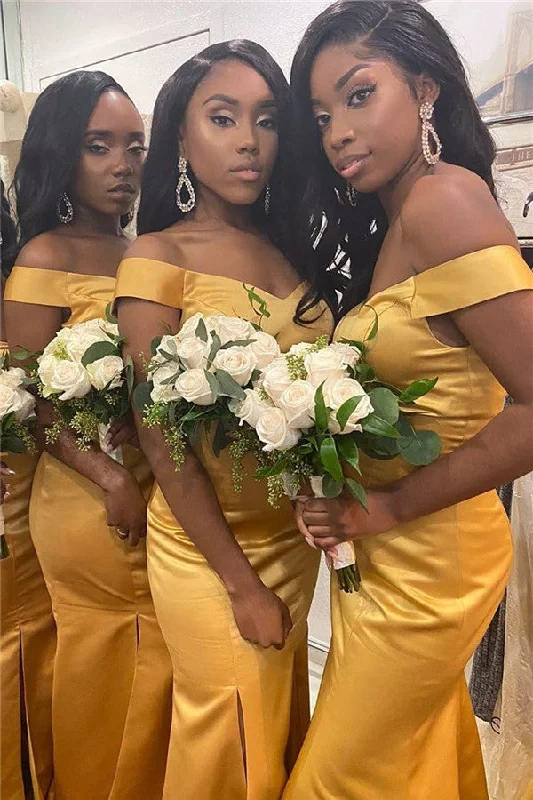Couture Wedding Gown Mermaid Off-the-Shoulder Long Yellow Bridesmaid Dress with Slit