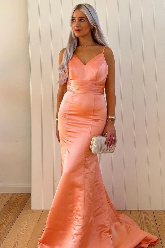 Empire Waist Gown Mermaid Orange V-Neck Satin Long Bridesmaid Dress