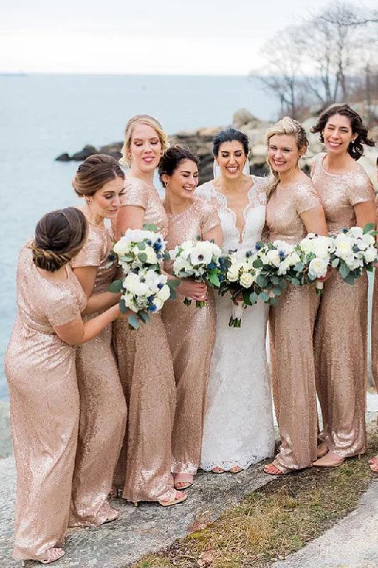 Unique Wedding Gown Mermaid Short Sleeves Rose Gold Sequins Long Bridesmaid Dress