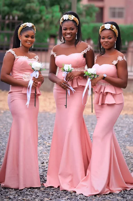 Mermaid Ruffles Blush Pink Long Bridesmaid Dress with Lace Top