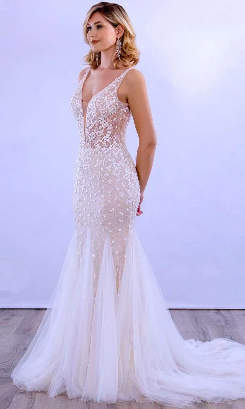 Scalloped Lace Dress MNM Couture 10091 - V Shaped Mermaid Dress