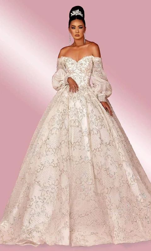 Custom Fit Gown MNM COUTURE W2121 - Off Shoulder Bishop Sleeves Gown