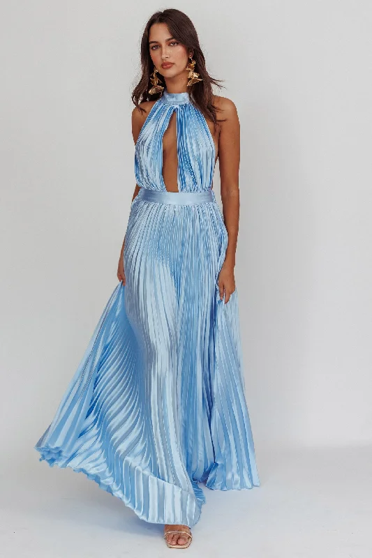 Silver Embellished Gown Monarch Pleated Satin Maxi Dress Light Blue