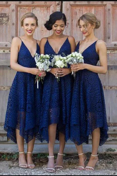 Pleated Gown V Neck Navy Blue Lace Tea Length Bridesmaid Dress