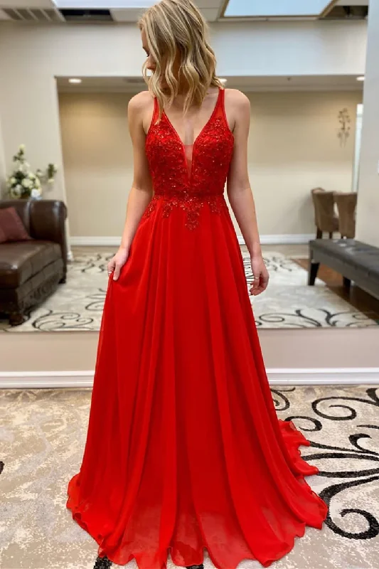 High Neck Dress Red V Neck A-Line Sequins Long Formal Prom Dress,DP1298