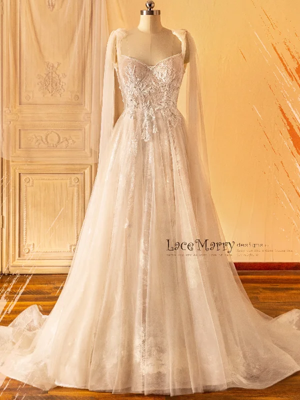 Satin Dress NICOLETTE / Amazing Lace Wedding Dress with Small Cape Sleeves