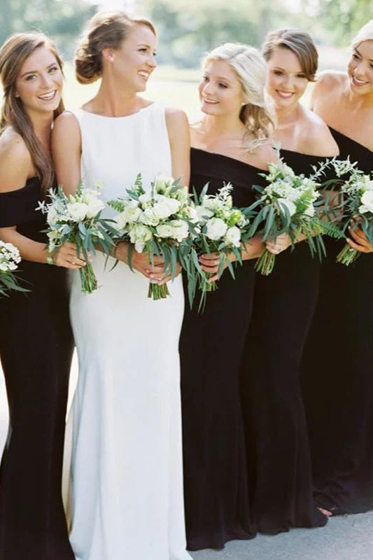 Traditional Gown Off-Shoulder Black Mermaid Bridesmaid Wedding Party Dress