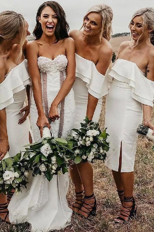 A-Line Dress Off Shoulder Sheath Knee-Length White Bridesmaid Dress
