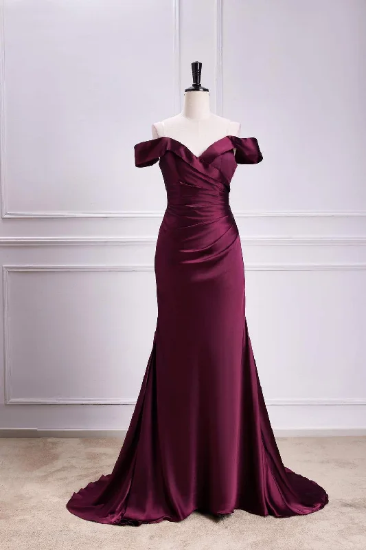 Embroidered Satin Dress Off the Shoulder Cabernet Pleated Mermaid Bridesmaid Dress
