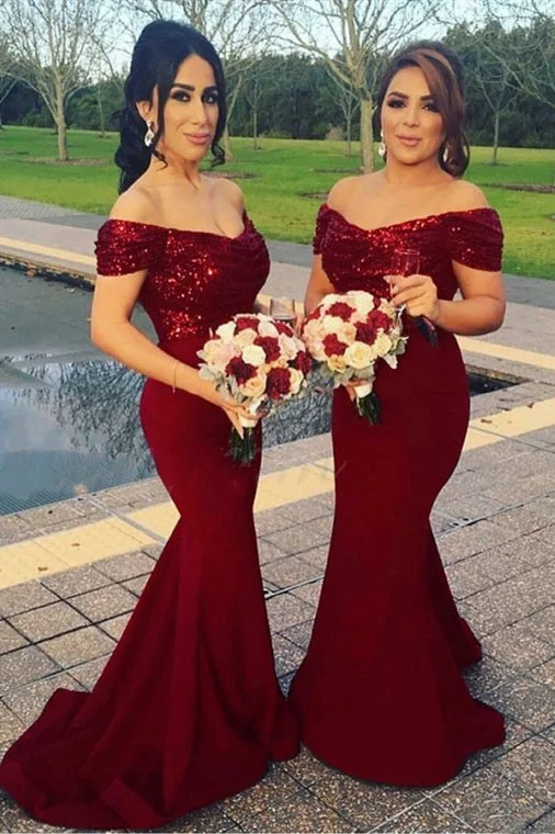 Sheath Wedding Gown Off-the-Shoulder Long Burgundy Bridesmaid Dress