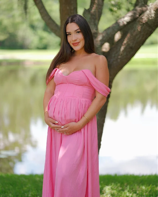 Embellished Gown Off the Shoulder Pink Floor Length Pregnant Bridesmaid Dress