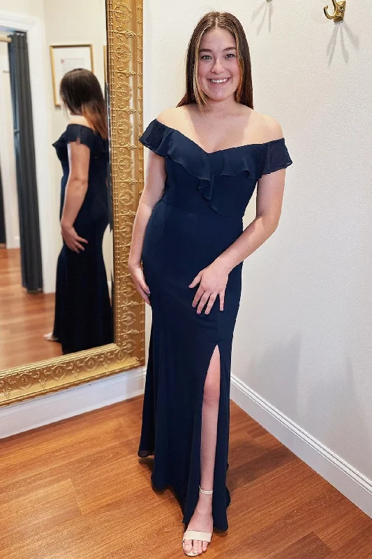 Crystal Embellished Dress Off the Shoulder Ruffles Navy Blue Chiffon Bridesmaid Dress