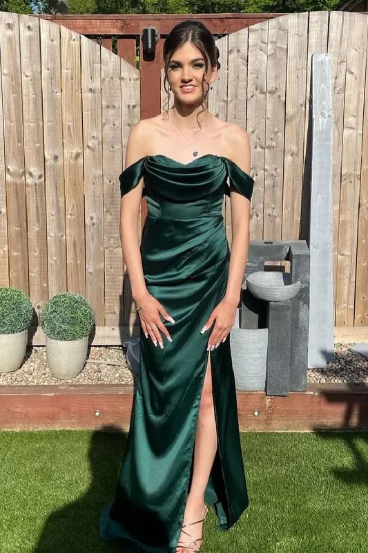 Beaded Dress Off the Shoulder Dark Green Long Bridesmaid Dress with Slit