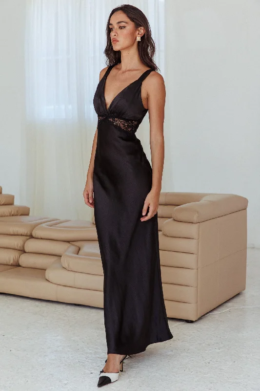 Boho Gown One Heart Lace Insert Maxi Dress Black