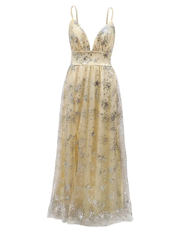 Ethereal Dress Sequin Spaghetti Straps A-Line Long Prom Dress with Slit,DP1457