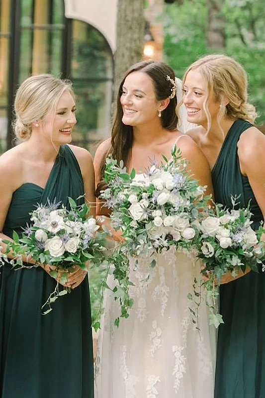 Off-White Dress One Shoulder Dark Green Pleated Long Bridesmaid Dress