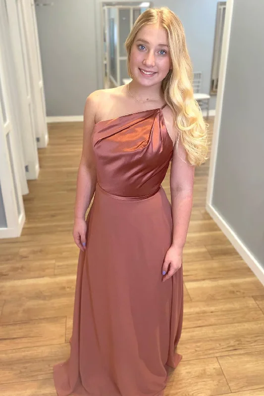 Unique Silhouette Gown One Shoulder Dusty Rose A-Line Bridesmaid Dress