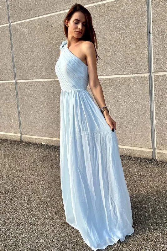Exquisite Gown One Shoulder Light Blue Pleated A-Line Bridesmaid Dress