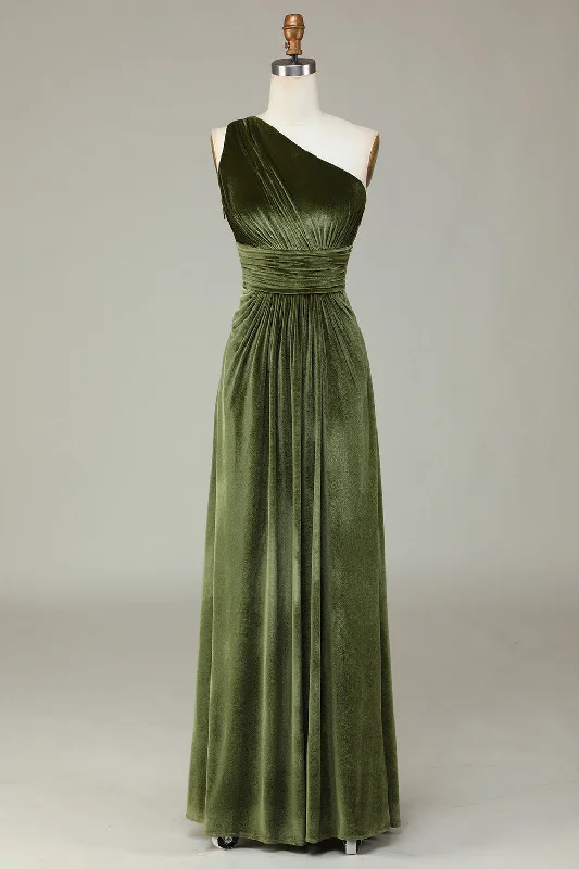 Handmade Dress One Shoulder Olive Green Pleated Velvet Bridesmaid Dress