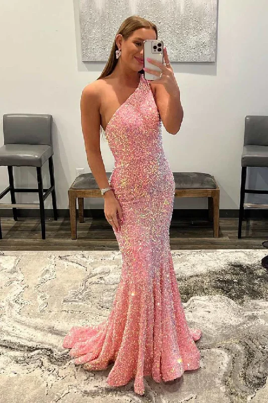 Lace Dress Pink One Shoulder Backless Sequin Mermaid Long Prom Gown,DP1310