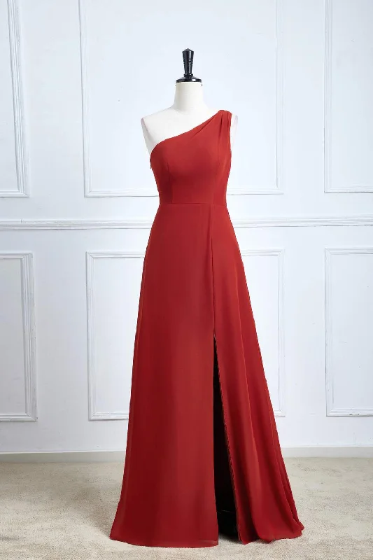 Silver Embellished Gown One Shoulder Rust A-Line Slit Bridesmaid Dress