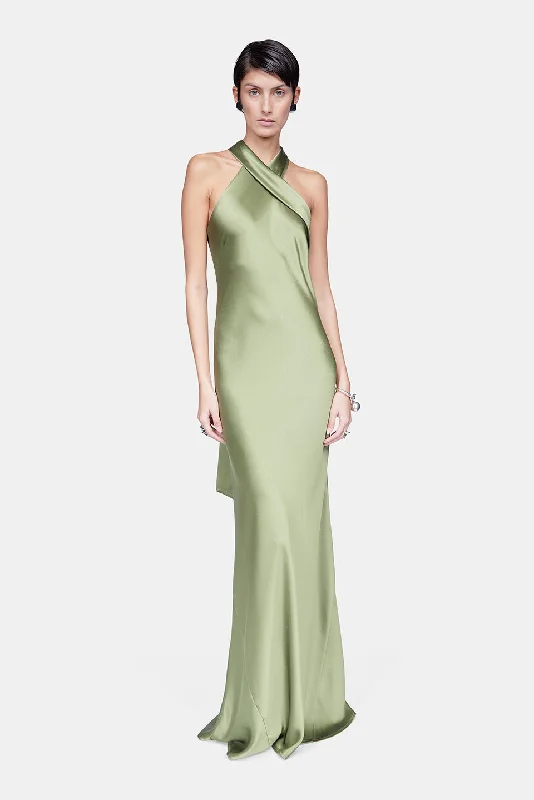 Feathered Gown Satin Pandora Dress - Dark Moss