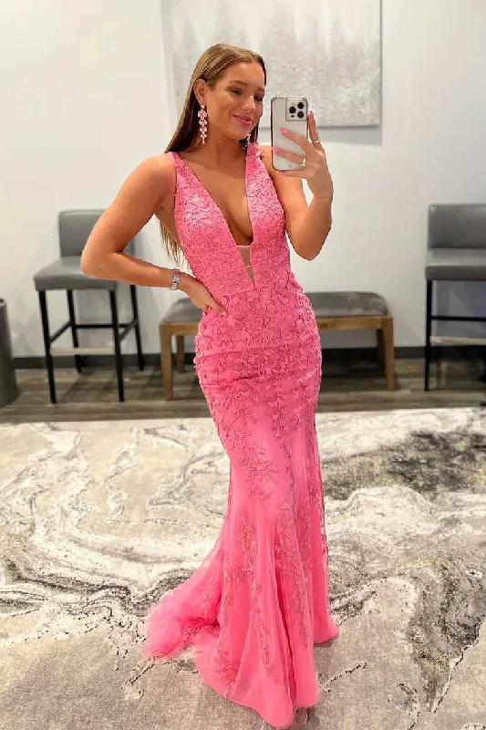 Ruffled Ball Gown Pink Appliques Plunge Neck Open Back Mermaid Long Prom Dress,DP1312