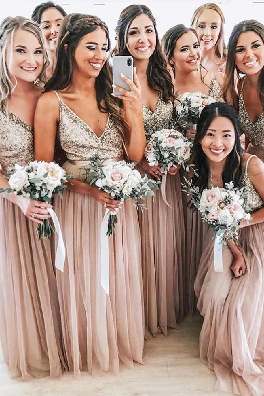 Sparkly Gown Pink Long Bridesmaid Dress with Silver Sequins Top