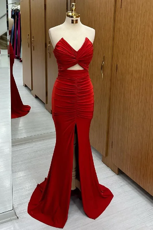 Flowy Chiffon Dress Red Strapless Twisted Knot Mermaid Long Formal Dress with Slit,DP1288 Flowy Chiffon Dress Red Strapless Twisted Knot Mermaid Long Formal Dress with Slit,DP1288