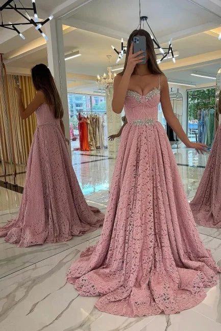 Sleeveless Dress Pink Spaghetti Straps Beading Long Evening Dress With Lace,DP1114