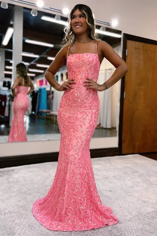 Simple Gown Pink Spaghetti Straps Mermaid Long Prom Dress With Lace,DP1117