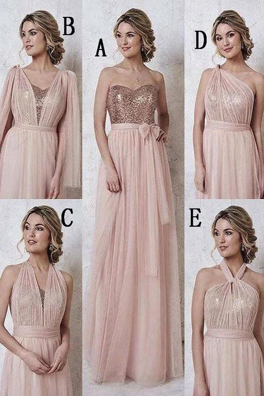 Romantic Lace Dress Convertible Rose Gold Long Bridesmaid Dress with Sequins