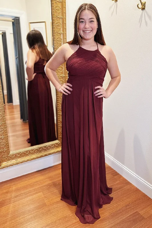 Tulle Ball Gown Pleated Burgundy Halter Chiffon Bridesmaid Dress