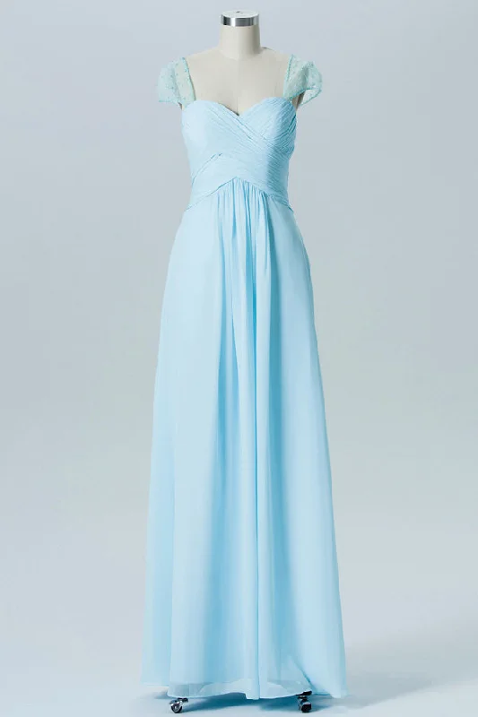 Pleated Chiffon Pale Blue Bridesmaid Dress with Cap Sleeves