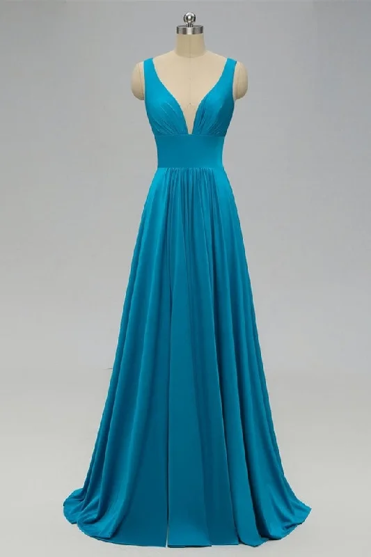 Simple Gown V Neck Empire Blue Bridesmaid Dress with Side Slit