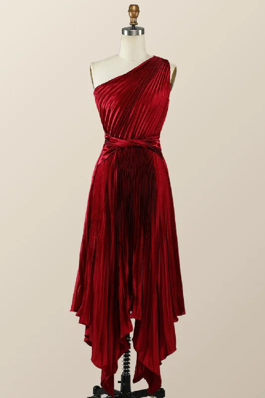 Sheer Sleeve Dress Pleated One Shoulder Red Hi-Low Bridesmaid Dress