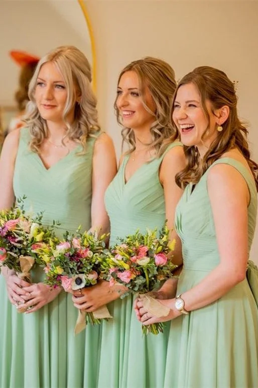 Shimmering Dress Pleated Sage Green V-Neck Long Bridesmaid Dress with Sash