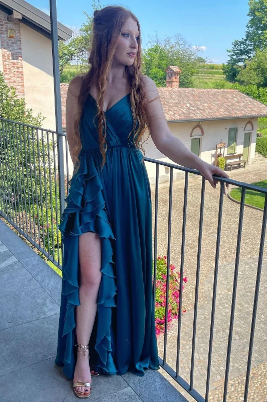 One-Shoulder Gown Pleated Teal Ruffles A-Line Chiffon Bridesmaid Dress