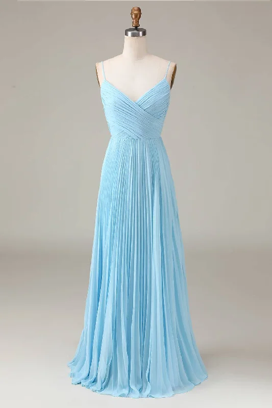 Sleeveless Dress Pleated V-Neck Light Blue Chiffon Long Bridesmaid Dress