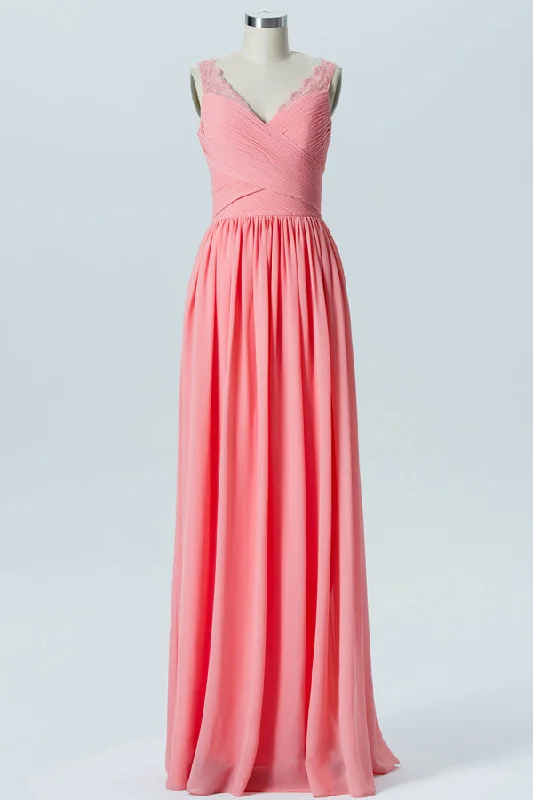 Pleated V-Neck Coral Bridesmaid Dress