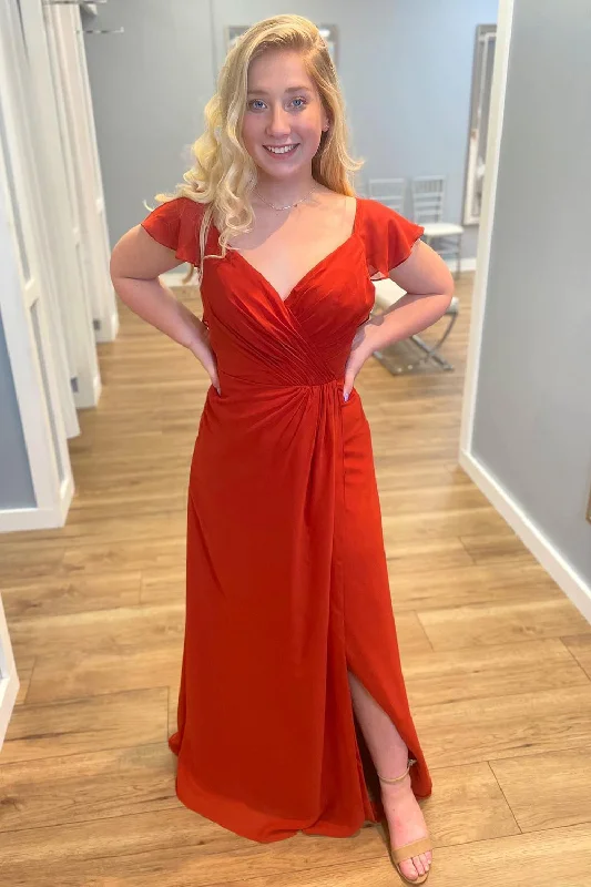 Ornate Lace Dress Pleated V-Neck Red Sleeves Chiffon Bridesmaid Dress
