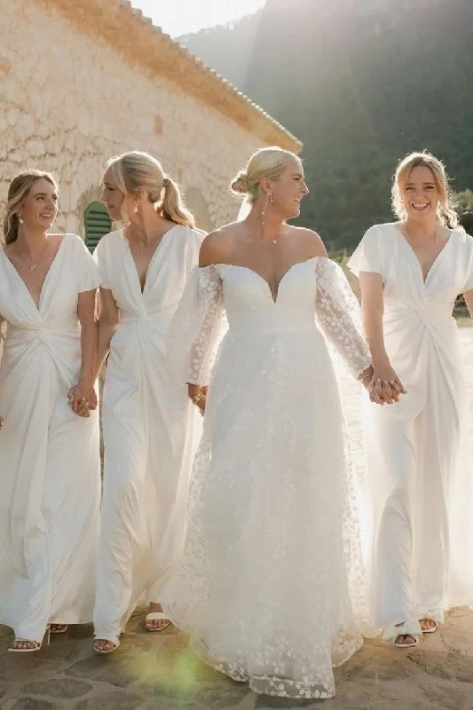 Classic Gown Plunging V-Neck White Twist Long Bridesmaid Dress