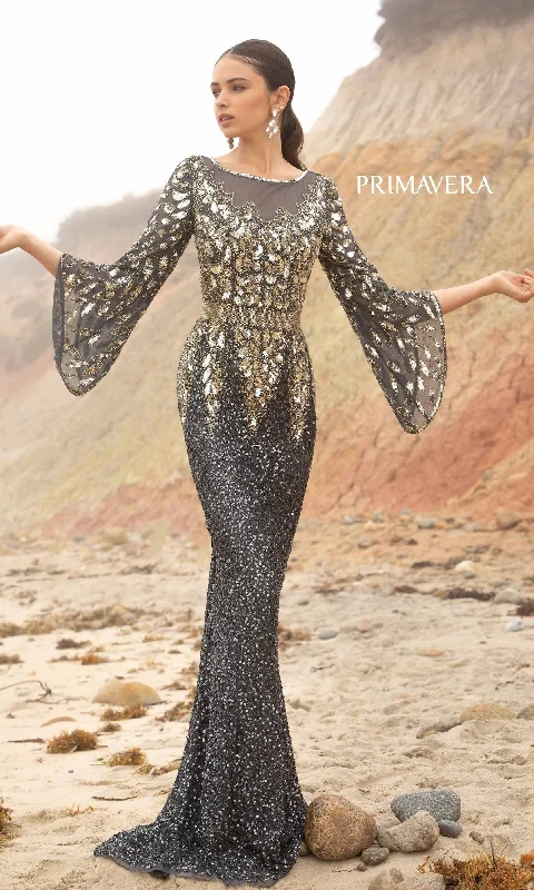Embellished Gown Primavera Long-Bell-Sleeve Long Beaded Gown 1424