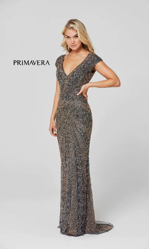 Romantic Lace Dress V-Neck Cap Sleeve Beaded Long Formal Gown 3674