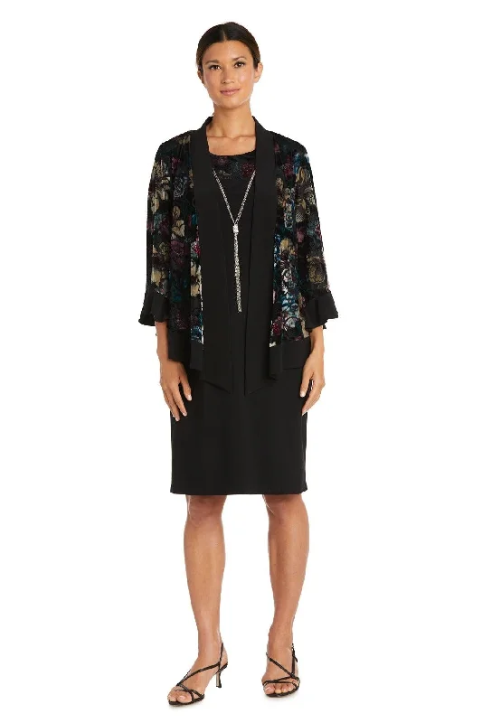 Embroidered Satin Dress R&M Richards 7584P Short Floral Petite Jacket Dress