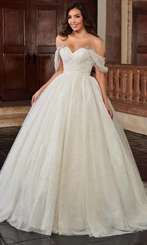 Long Train Gown Rachel Allan Bridal RB6115 - Off-Shoulder Pleated Bodice Ballgown