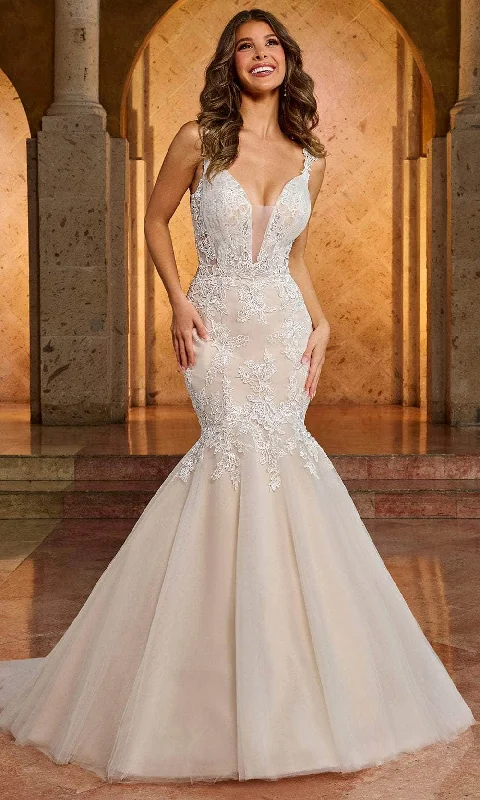 Short Wedding Dress Rachel Allan RB2173 - Embroidered Plunging V-Neck Bridal Gown