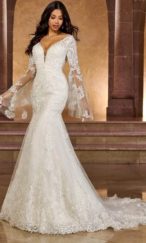 Elegant Satin Dress Rachel Allan RB4164 - Illusion Bell Sleeve Bridal Gown