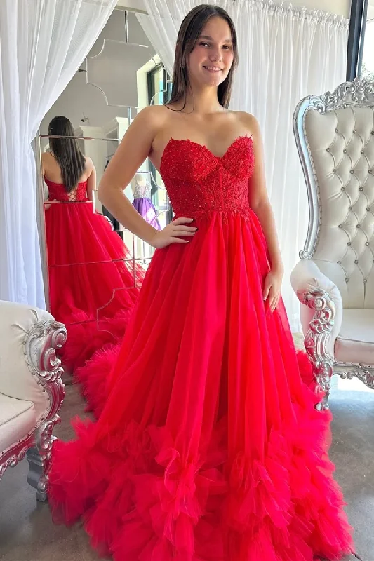 Regal Satin Gown Red Sweetheart Tulle Appliques Ruffles Long Prom Dress,DP1289