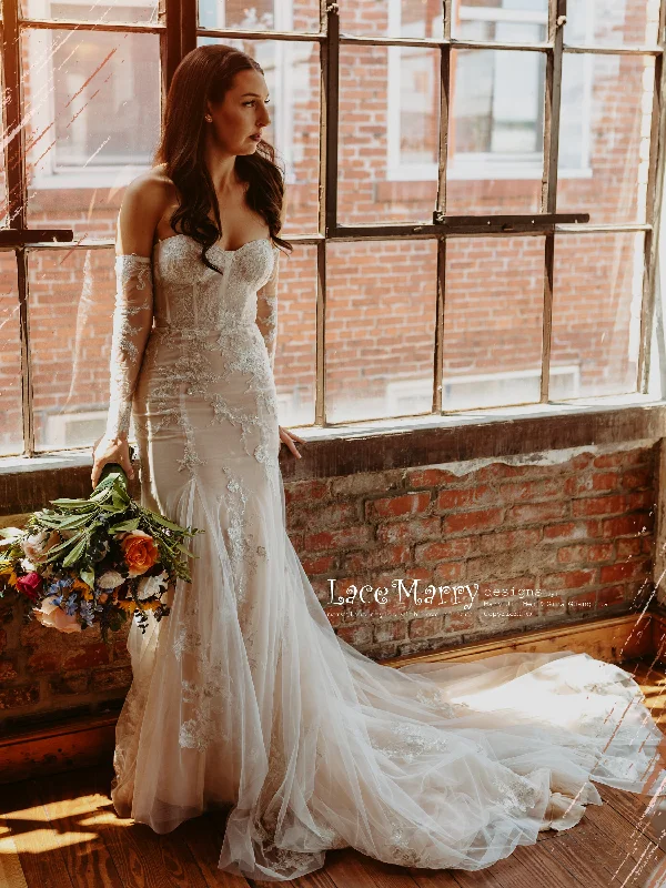 Off-Shoulder Lace Gown ROSALEEN / Strapless Wedding Dress with Long Removable Sleeves